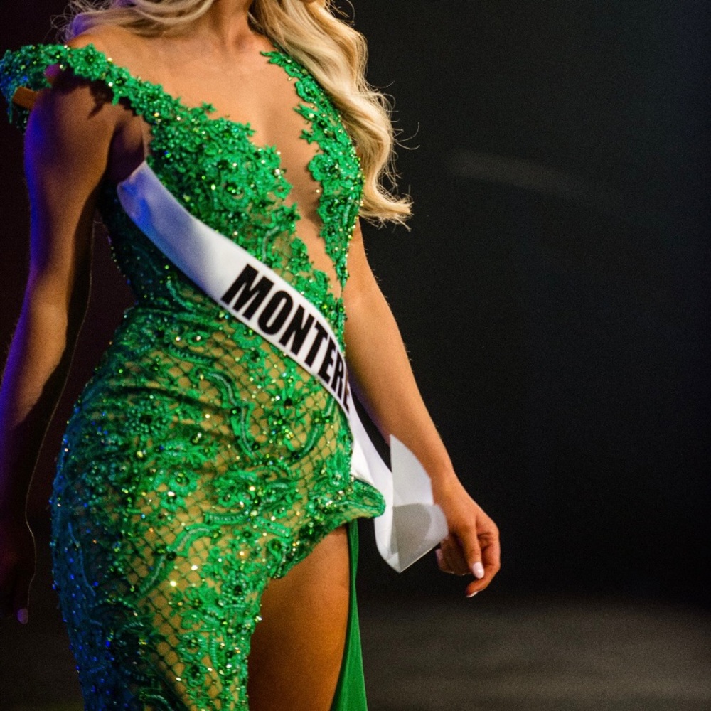 Custom green pageant /prom or event gown high slit